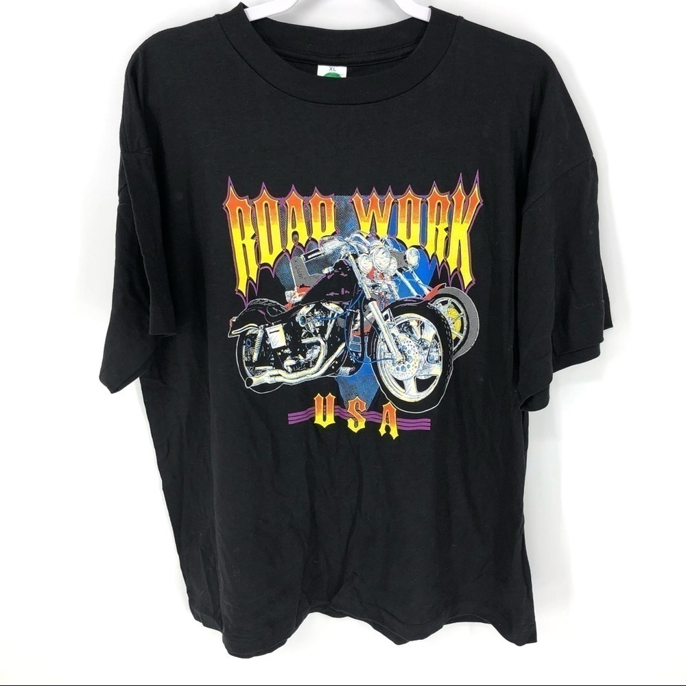 Vintage Motorcycle Shirt Mens XL Road Work USA Graphic Tee Single Stitch Biker